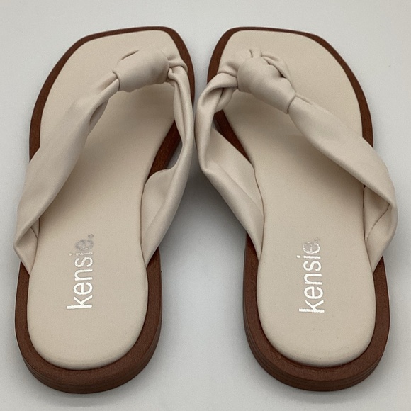 43. Kensie Cream Wood-Bottom Flip Flops | Size 9 | New - Picture 2 of 4